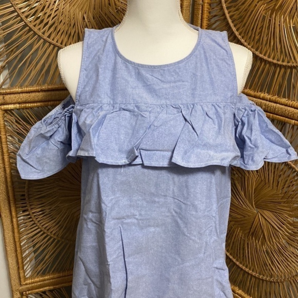 Peach Love California Blue Cold Shoulder Ruffle Dress Small 100% Cotton